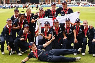 The England team poses with the ICC Women's World Twenty20 trophy after beating New Zealand by six wickets at Lord's &copy; Getty Images