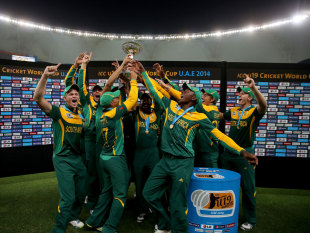 The South Africa players celebrate after winning the Under-19 World Cup in Dubai &copy; ICC
