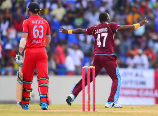 Dwayne Bravo took two wickets in two balls to give West Indies hope, but the hosts lost by three wickets in Antigua &copy; AFP