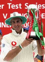 Michael Vaughan with the series trophy after England finished off Bangladesh in just over two days at Durham &copy; Getty Images