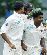 Rangana Herath celebrates with his teammates the dismissal of Shivnarine Chanderpaul as Sri Lanka won the series 2-0 &copy; Getty Images