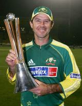 Ricky Ponting poses with the trophy after Australia won the Chappell-Hadlee Series 2-1 &copy; Getty Images