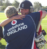 Charlotte Edwards is congratulated by coach Mark Lane after leading England to a 3-1 series win &copy; ECB