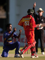 The end draws near ... Nuwan Kulasekara celebrates dismissing Prosper Utseya as Zimbabwe threw away a chance to win the final ODI against Sri Lanka &copy; ESPNcricinfo Ltd