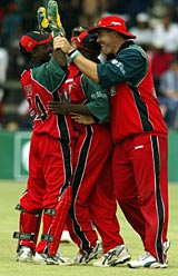 Zimbabwe celebrate as they close in on victory in the deciding ODI at Harare &copy; AFP