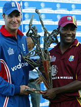 Michael Vaughan and Brian Lara share the spoils at the end of the drawn one-day series &copy; Getty Images