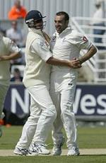 Richard Johnson celebrates taking Mark Vermeulen's wicket with his third ball in Test cricket &copy; Getty Images