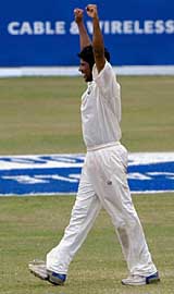 Ramnaresh Sarwan - who was named Man of the Match - celebrates taking the final wicket as West Indies won by an innings at Sabina Park &copy; AFP