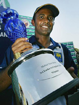 Hashan Tillakaratne with the series trophy after Sri Lanka's innings win - his first in eight matches as captain &copy; Getty Images